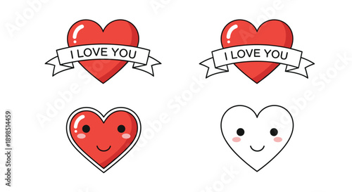 Collection of red and white heart illustrations featuring I LOVE YOU banners and cute smiling faces for Valentine's Day or romantic themes.