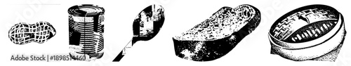 Black and white halftone vector illustrations of everyday objects peanut, tin can, spoon, bread slice, woven basket lid. Isolated, cutout, rgba.