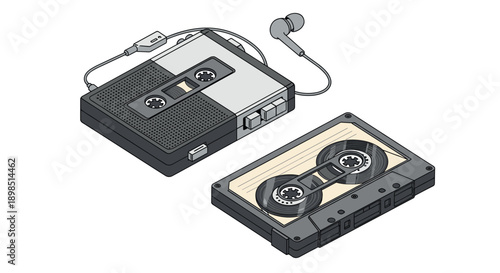 Vintage portable cassette tape recorder with a speaker and wired earphone, accompanied by a separate cassette tape on the side.