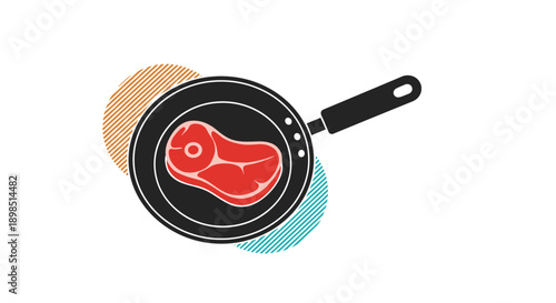 Thick red meat steak cooking in a black frying pan with colorful abstract shapes in the background, representing home cooking or chef art.