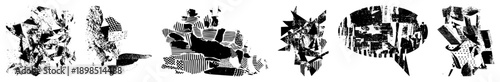 Black and white vector collage of shattered shapes, halftone textures, and fragmented, abstract composition, graphic design element, digital art piece.