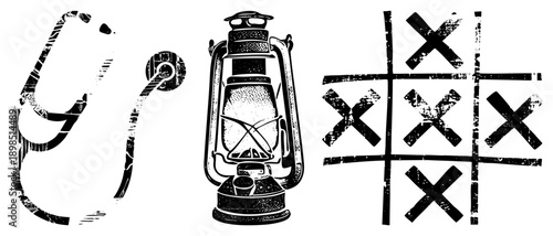 Classic stethoscope, antique oil lamp, tic tac toe grid with X’s, distressed black and white vector, retro medical and game symbols.