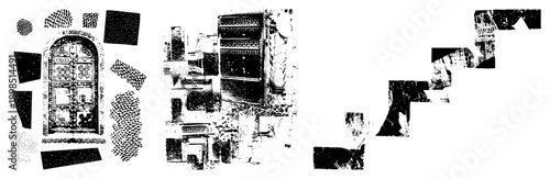 Fragmented black and white vector collage featuring halftone, geometric forms, and an ornate door, isolated on transparent background.