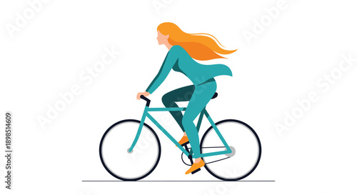 Dynamic vector illustration of a young woman with long red hair riding a bicycle against a clean white background.