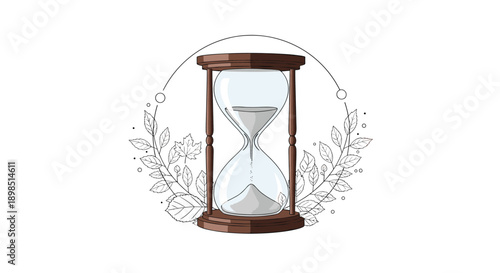 Elegant wooden hourglass with flowing sand framed by a decorative leaf wreath and a simple circular line art design.