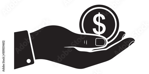 Black and white silhouette icon of a hand holding or receiving three dollar sign coins,Hand holding dollar coin icon payment concept service money financial transaction symbol money business  black 