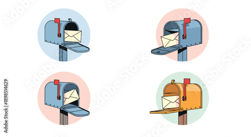 Set of colorful mailboxes on poles containing letters, each against a soft pastel circular background for mail icons.