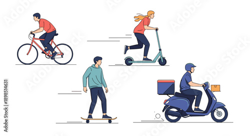 Set of urban transportation icons including a person on a bicycle, electric scooter, skateboard, and delivery moped.