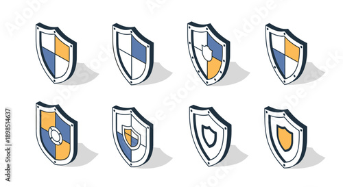 Collection of isometric security shield icons with various blue and orange patterns for data protection concepts.