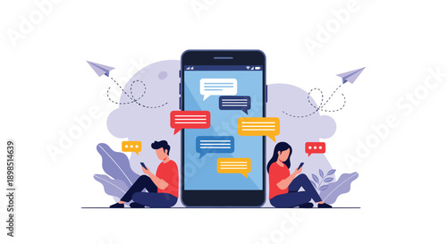 Couple sitting on the floor and using smartphones next to a giant screen displaying various chat message bubbles.