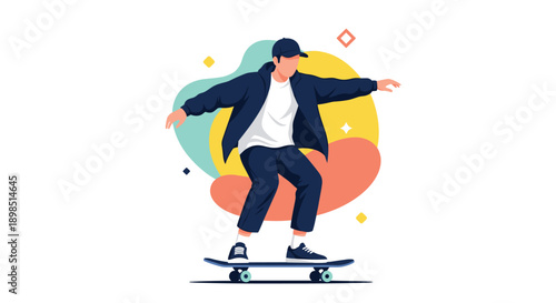 Cool young man in a cap and jacket performing a skateboarding trick over abstract colorful shapes and star symbols.