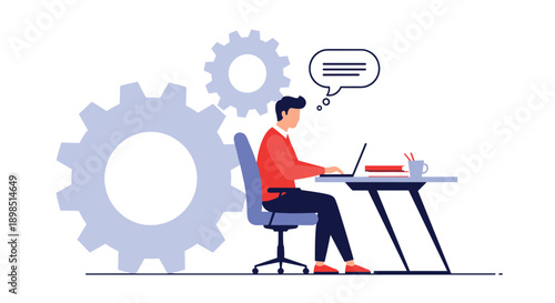 Technical support concept showing a man working on a laptop in front of large rotating gear wheels and speech bubbles.