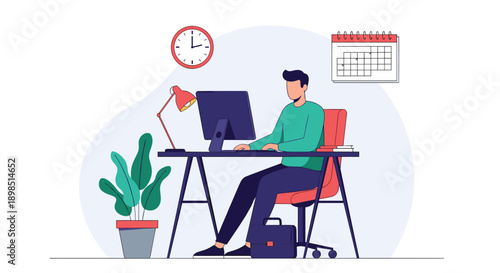 Professional man working at his office desk with a computer, task lamp, potted plant, and a wall calendar and clock.