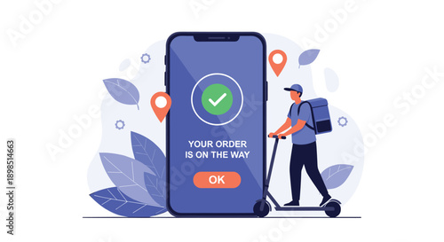 Food delivery notification on a smartphone showing an order status screen and a courier riding an electric scooter.