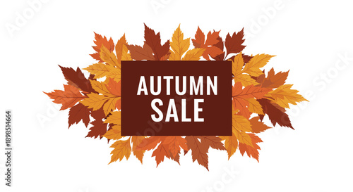 Autumn sale banner design featuring a frame of colorful fallen maple and oak leaves around a central dark text box.