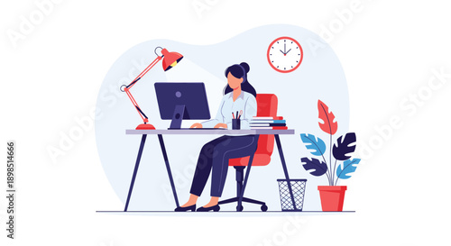 Female employee working at her office desk with a computer monitor, desk lamp, and indoor plants in a modern workspace.