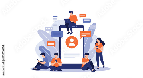 Group of people interacting with a large smartphone through social media apps and various colorful chat bubbles.