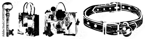 Black and white vector featuring a classic key, tote bag, jigsaw puzzle, and dog collar with distressed texture, ideal for retro branding or security themes.