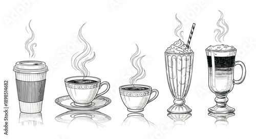 Hand drawn coffee drinks sketch collection, takeaway cup espresso latte milkshake hot beverage vector illustration vintage style set