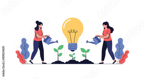 Concept of creative growth showing two people watering small green plants growing under a giant glowing light bulb.