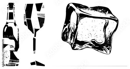 Classic bottle silhouette, broken glass, textured ice cube, vector art, isolated elements, halftone style, graphic design assets.
