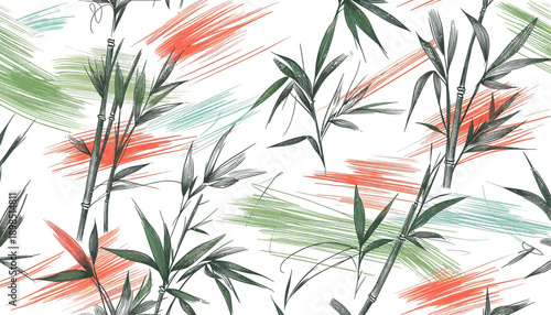 seamless pattern with bamboo leaf and scribble background