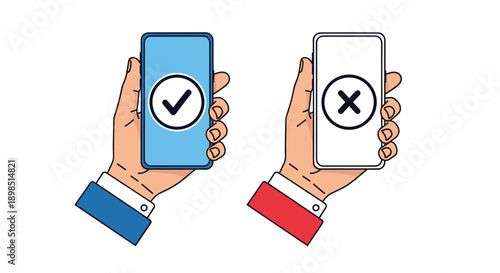 Two hands holding smartphones with one displaying a green check mark and the other a red cross for comparison, approval, or survey feedback concepts.