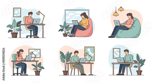 Set of six diverse character illustrations showing people working from home on their laptops in various cozy office setups like desks and bean bags.