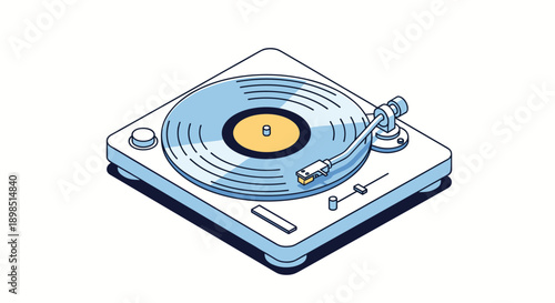Modern isometric vinyl record player in light blue and white colors with a yellow record center shown on a white background for music lovers.