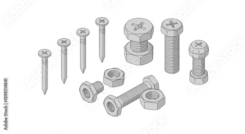 Assorted collection of hardware fasteners including nails, bolts, and nuts shown in an isometric view for construction, repair, and engineering themes.