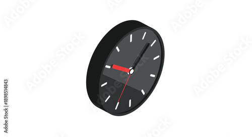 Minimalist isometric wall clock in black with white markers and red hands indicating time for home or office interior design and time management themes.