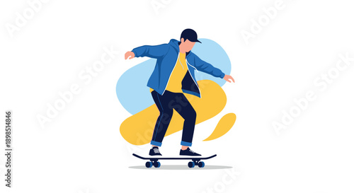 Flat vector illustration of a young man riding a skateboard with colorful abstract shapes in the background for urban lifestyle and sports themes.
