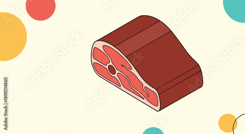 Isometric illustration of a fresh raw meat steak with fat marbling against a background of colorful abstract circles for butcher or cooking themes.