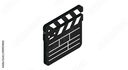 Isometric view of a black movie clapperboard with white stripes and labels used in film production and cinema for scene synchronization tasks.