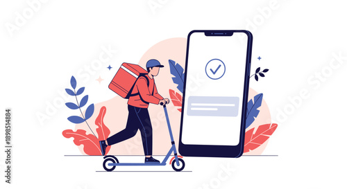 Delivery courier on a blue scooter with a large backpack next to a giant smartphone showing a successful order check mark for logistics themes.