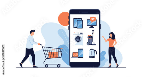 Couple using a mobile shopping app on a giant smartphone to browse and purchase household appliances and electronic products.