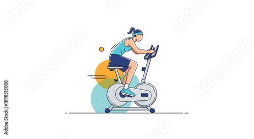 Fit woman training on a stationary exercise bike with colorful abstract circles in the background for a healthy lifestyle concept.