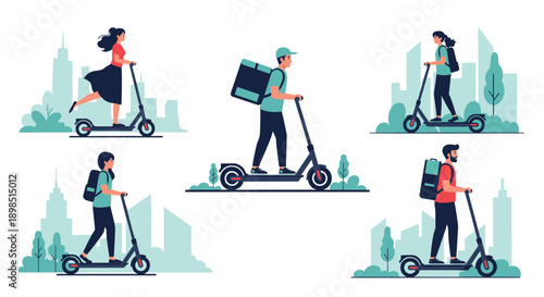 Group of diverse people commuting through a stylized city landscape using eco friendly electric scooters for urban transportation.