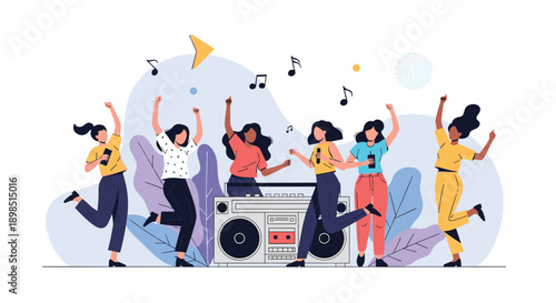 Diverse group of young women dancing and having fun at a party around a large retro boombox playing upbeat music for entertainment.