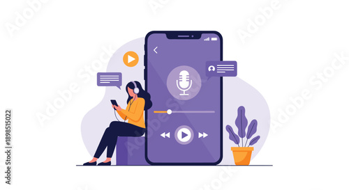 Young woman wearing headphones and listening to a podcast or music playlist on a giant smartphone screen in a purple setting.