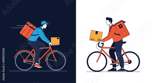 Delivery courier riding bicycle with cargo box and standing next to bike against split background representing day and night shifts.