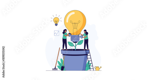 Two women watering a giant glowing light bulb growing in a flower pot symbolizing the nurturing of new creative business ideas.