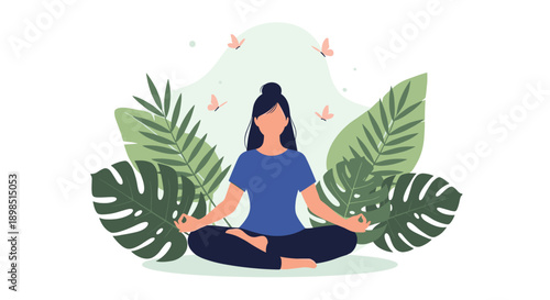 Woman meditating in a peaceful lotus pose surrounded by large tropical monstera leaves and fluttering butterflies for wellness.