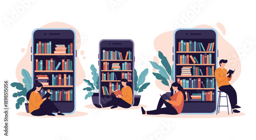 Group of people enjoying reading books while sitting near large smartphones designed as bookshelves representing digital libraries.