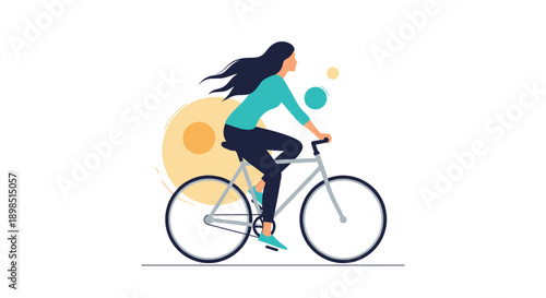 Young woman with flowing hair riding a bicycle against a minimalist background with colorful circles representing outdoor activity.