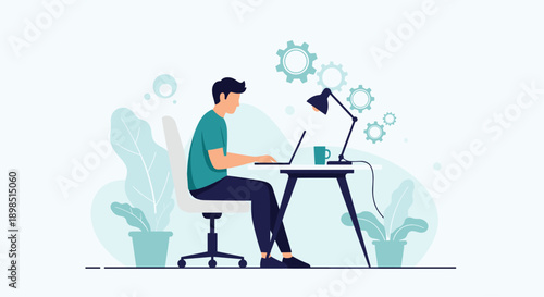 Focused male employee working on a laptop at his desk with floating gear icons symbolizing productivity and technical innovation.