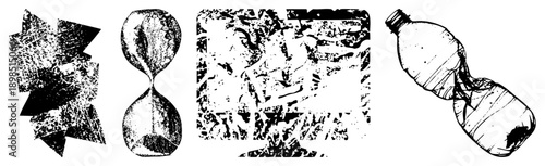 Black and white vector illustration featuring fragmented geometric forms, distressed hourglass, chaotic texture panel, and crumpled plastic bottle all isolated on transparent background.