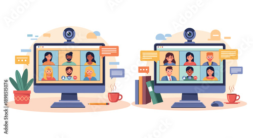 Two computer monitors showing online video meetings with multiple participants representing remote work and digital collaboration.