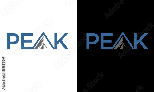 A logo featuring the word PEAK with a stylized mountain peak replacing the letter A, presented in blue and grey on contrasting white and black backgrounds