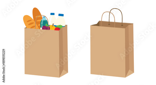 Two brown paper bags with handles one empty and the other filled with fresh groceries including bread milk and colorful fruits.